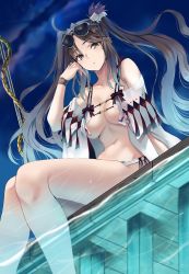 Rule 34 | 1girl, bare shoulders, bikini, breasts, brown eyes, brown hair, cleavage, collarbone, dock, earrings, eyewear on head, fate/grand order, fate (series), hair ornament, highres, jewelry, large breasts, long hair, multiple earrings, navel, nicky w, night, night sky, open clothes, open mouth, polearm, robe, sitting, sky, soaking feet, solo, spear, sunglasses, swimsuit, thighs, twintails, very long hair, water, weapon, white bikini, yu mei-ren (fate), yu mei-ren (swimsuit lancer) (fate)