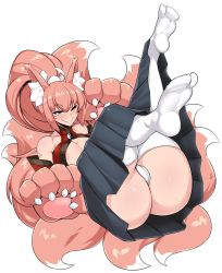 Rule 34 | 1girl, :&gt;, animal ear fluff, animal ears, animal hands, areola slip, ass, bare shoulders, blush, breasts, claws, cleft of venus, commission, facial mark, feet, fox ears, fox girl, fox tail, high ponytail, highres, japanese clothes, kimono, large breasts, long hair, lying, mon-musu quest!, monster girl, multiple tails, on back, one eye closed, oversized limbs, pink hair, pleated skirt, red eyes, red kimono, second-party source, skirt, smile, solo, tail, thighhighs, virusotaku, whisker markings, white thighhighs, yao (mon-musu quest!), yin yang