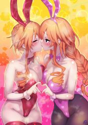 2girls absurdres animal_ears areola_slip bare_shoulders black_pantyhose blush braid breasts cleavage closed_eyes collarbone covered_navel date_a_live fake_animal_ears heart heart_hands highleg highleg_leotard highres incest large_breasts leotard lips long_hair momoyama_tits multiple_girls pantyhose pink_leotard playboy_bunny rabbit_ears rabbit_tail red_leotard red_thighhighs saliva siblings sidelocks sisters thick_thighs thighhighs thighs twincest twins wide_hips wrist_cuffs yamai_kaguya yamai_yuzuru yuri