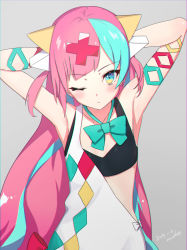Rule 34 | 1girl, 2019, aqua hair, armpits, arms behind head, blue eyes, blush, bow, bowtie, closed mouth, dated, green bow, green bowtie, grey background, hair ornament, highres, long hair, looking at viewer, makoto (bk69and7), multicolored eyes, multicolored hair, one eye closed, pink hair, pinky pop hepburn, signature, simple background, solo, the moon studio, two-tone hair, virtual youtuber, x hair ornament, yellow eyes