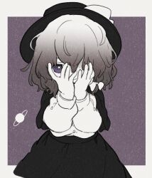 Rule 34 | 1girl, ashiyu (ashu-ashu), black capelet, black hat, black skirt, border, bow, brown hair, capelet, closed mouth, covering face, covering own eyes, cowboy shot, eyebrows hidden by hair, grey border, hair between eyes, hair bow, hair over eyes, hair ribbon, hands on own face, hands up, hat, highres, long bangs, long sleeves, looking at viewer, muted color, one eye covered, outside border, planet, planetary ring, puffy long sleeves, puffy sleeves, purple background, purple eyes, purple theme, ribbon, shirt, shirt tucked in, short hair, skirt, smile, solo, star (symbol), star in eye, straight-on, symbol in eye, touhou, tress ribbon, usami renko, w arms, wavy hair, white bow, white shirt