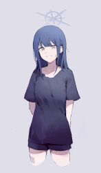 Rule 34 | 1girl, absurdres, aged down, arms behind back, bandage on face, bandaged leg, bandages, black shirt, black shorts, blue archive, blue hair, cropped legs, dark blue hair, grey background, grey eyes, grin, halo, highres, looking at viewer, medium hair, saiun sigma, saori (blue archive), shirt, short sleeves, shorts, simple background, smile, solo