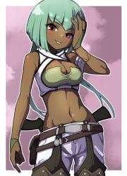 Rule 34 | 1girl, :p, armlet, bare shoulders, blunt bangs, bob cut, bracelet, breasts, cleavage, cowboy shot, crop top, dark-skinned female, dark skin, emerald sustrai, gazacy (dai), green hair, hand on own face, highres, jewelry, looking at viewer, looking back, medium breasts, midriff, navel, pants, pink eyes, rwby, short hair with long locks, sleeveless, solo, stomach, tongue, tongue out, white pants