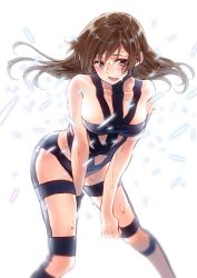 Rule 34 | 1girl, bare shoulders, blush, breasts, brown eyes, brown hair, collarbone, highres, hot limit, idolmaster, idolmaster cinderella girls, large breasts, leaning forward, long hair, looking at viewer, nitta minami, open mouth, simple background, solo, standing, sweat, t.m.revolution, takanashi ringo, white background