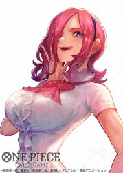 Rule 34 | 1girl, asymmetrical hair, bandai, bare legs, breasts, copyright name, curly eyebrows, hair over one eye, hand in own hair, large breasts, licking lips, lips, nijimaarc, official art, one piece, one piece card game, pink hair, shiny skin, shirt, short hair, simple background, smile, solo, tongue, tongue out, vinsmoke reiju, white background, white shirt