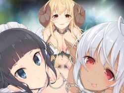 Rule 34 | 1boy, 3girls, absurdres, bare shoulders, black hair, blonde hair, blue eyes, blush, breasts, censored, chain, cleavage, clothed female nude male, dark skin, drain, dress, girl on top, gradient background, grey hair, harem, highres, horns, large breasts, legs, long hair, looking at viewer, lying, maid headdress, mosaic censoring, multiple girls, navel, nipple piercing, nipples, no panties, nude, parted lips, penis, piercing, pointy ears, pov, red eyes, serious, sex, short hair, sitting, sitting on person, smile, thighs, tongue, vaginal