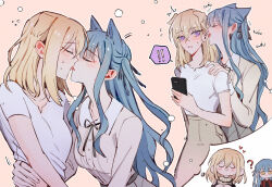 Rule 34 | 2girls, ?, animal ears, bang dream!, bang dream! it&#039;s mygo!!!!!, black ribbon, blonde hair, blue hair, blush, brown shirt, brown skirt, cat ears, cellphone, closed eyes, closed mouth, commentary, ear licking, french kiss, hair ribbon, hand on another&#039;s shoulder, hand on another&#039;s waist, heart, holding, holding phone, imagining, kemonomimi mode, kiss, licking, long hair, maybecrosswise, medium hair, misumi uika, multiple girls, neck ribbon, parted lips, phone, purple eyes, red shirt, ribbon, shirt, short sleeves, skirt, smartphone, smile, sweatdrop, thought bubble, togawa sakiko, tongue, tongue out, twintails, white shirt, yellow eyes, yuri
