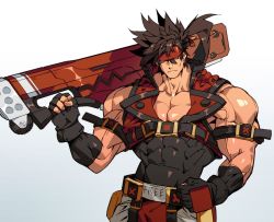 Rule 34 | abs, arm belt, bara, belt, biceps, blonde hair, brown hair, commission, covered abs, gauntlets, gloves, guilty gear, hand on own hip, headband, jacket, large pectorals, long hair, looking at viewer, male focus, manly, muscular, muscular male, na insoo, pants, pectoral cleavage, pectorals, ponytail, sol badguy, spiked hair, thick arms, tight clothes, veins, veiny arms, weapon