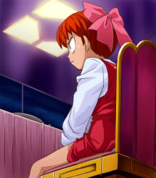 Rule 34 | 1girl, accident, bow, chair, curtains, dress, from behind, gegege no kitarou, hair bow, haruyama kazunori, light, light rays, long sleeves, nekomusume, pee, peeing, peeing self, pink bow, red dress, short hair, solo, toei animation, wide-eyed