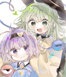 Rule 34 | 2girls, :d, ahoge, black hairband, blue shirt, blush, bright pupils, closed mouth, commentary, green eyes, green hair, hairband, happy, hat, heart, heart of string, highres, komeiji koishi, komeiji satori, long hair, long sleeves, looking at another, multiple girls, open mouth, purple eyes, purple hair, ramochi, shirt, siblings, simple background, sisters, smile, third eye, touhou, white background, white pupils, yellow shirt