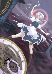 Rule 34 | 1girl, absurdres, apron, arm up, bad id, bad pixiv id, blue dress, blue skirt, boots, braid, clock, clock tower, cross-laced footwear, dress, female focus, full moon, hair ribbon, highres, izayoi sakuya, knife, legband, looking at viewer, maid, maid apron, maid headdress, md5 mismatch, moon, outstretched arm, outstretched hand, pink eyes, pocket watch, puffy sleeves, red moon, ribbon, scarlet devil mansion, shirt, short sleeves, silver hair, skirt, sky, solo, tonpara, touhou, tower, twin braids, waist apron, watch