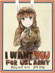 Rule 34 | 1girl, animal ears, arm behind back, belt, blue eyes, blush, charlotte e. yeager, english text, futenesira, goggles, goggles on head, green necktie, grin, i want you, leaning forward, long hair, long sleeves, military, military uniform, necktie, orange hair, parody, pointing, pointing at viewer, poster (medium), propaganda, rabbit ears, rabbit girl, ranguage, shiraba (sonomama futene), smile, solo, strike witches, uniform, united states, world witches series
