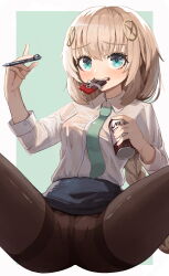 Rule 34 | 1girl, blonde hair, blue eyes, blue skirt, blush, braid, breasts, can, candy, chocolate, chocolate bar, clothes lift, collared shirt, commentary request, cowboy shot, crotch, fnc (girls&#039; frontline), food, girls&#039; frontline, green background, green necktie, grin, groin, hair ornament, highres, holding, holding can, korean commentary, lemures, long hair, looking at viewer, mechanical pencil, medium breasts, milk, mouth hold, necktie, pantyhose, pencil, pencil skirt, see-through, shirt, sitting, skirt, skirt lift, smile, solo, spread legs, thighband pantyhose, white shirt