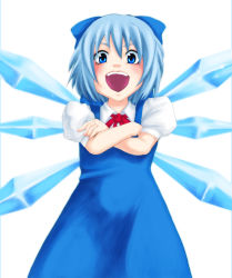 Rule 34 | 1girl, blue eyes, blue hair, blush, bow, cirno, crossed arms, embodiment of scarlet devil, female focus, hair bow, hiocay (honey rider69), icicle, laughing, matching hair/eyes, open mouth, simple background, solo, touhou, white background, wings