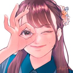 Rule 34 | 1girl, ;), animification, artist name, blue shirt, braid, brown eyes, brown hair, closed mouth, collared shirt, commentary request, crown braid, crystal hair ornament, dated, fingernails, flower, gem hair ornament, hair flower, hair ornament, hand up, highres, komuzuka, long hair, looking at viewer, mole, mole above mouth, nakamura yukari (voice actor), ok sign, ok sign over eye, one eye closed, portrait, real life, shirt, signature, simple background, smile, solo, voice actor, white background
