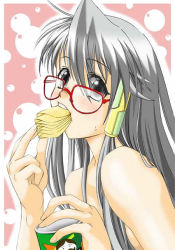 Rule 34 | 1girl, bare shoulders, black eyes, black hair, chips (food), eating, food, food in mouth, glasses, long hair, mouth hold, my merry may be, potato chips, pringles, red-framed eyewear, reu (my merry may be), solo, upper body