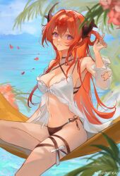 Rule 34 | 1girl, absurdres, arknights, armpits, bare shoulders, bikini, black bikini, black horns, blue sky, blurry, blurry foreground, breasts, cherry, closed mouth, cloud, coconut tree, detached sleeves, falling petals, flower, food, food in mouth, fruit, halterneck, hammock, hand up, highres, horns, long hair, long sleeves, looking at viewer, looking to the side, medium breasts, mountainous horizon, mouth hold, ocean, outdoors, palm tree, petals, puffy long sleeves, puffy sleeves, purple eyes, red flower, red hair, sideboob, single detached sleeve, single hair ring, sitting, sky, slit pupils, solo, surtr (arknights), surtr (colorful wonderland) (arknights), swimsuit, swimsuit cover-up, thigh strap, tree, upper body, very long hair, weibo logo, weibo watermark, xiao xiong keke aoi