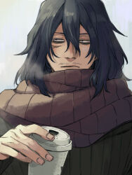Rule 34 | 1boy, bags under eyes, black eyes, black hair, black sweater, boku no hero academia, coffee cup, cup, disposable cup, eraser head (boku no hero academia), facial hair, fingernails, grey background, hair between eyes, highres, holding, holding cup, looking to the side, male focus, messy hair, mustache, red scarf, ribbed sweater, rnuyvm, scar, scar on face, scarf, solo, sparse stubble, steam, sweater, upper body
