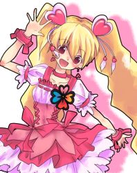Rule 34 | 00s, 1girl, :d, :p, bad id, bad pixiv id, blonde hair, blush, bow, brooch, choker, cure peach, dress, earrings, fresh precure!, hair ornament, hairpin, happy, heart, heart hair ornament, jewelry, long hair, magical girl, momozono love, open mouth, pink bow, precure, red eyes, smile, solo, tongue, tongue out, twintails, uzuki aki, wrist cuffs