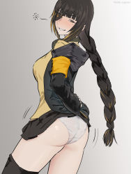 Rule 34 | 1girl, ass, black hair, blonde hair, blunt bangs, blush, braid, braided ponytail, breasts, clothes lift, come hither, eyepatch, from behind, girls&#039; frontline, gradient hair, green eyes, grin, highres, jiggle, large breasts, lifted by self, long hair, looking at viewer, m16a1 (girls&#039; frontline), mizukamakiri, mole, mole under eye, multicolored hair, naughty face, panties, scar, scar across eye, scar on face, shiny skin, sideboob, single braid, single thighhigh, skirt, skirt hold, skirt lift, smile, solo, thighhighs, underwear, very long hair, white panties