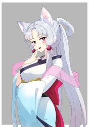 Rule 34 | 1girl, animal ear fluff, animal ears, arm under breasts, breasts, fox ears, grey hair, hair ornament, highres, japanese clothes, kimono, large breasts, long hair, long sleeves, looking at viewer, parted bangs, ponytail, purple eyes, sidelocks, solo, touhoku itako, very long hair, voiceroid, white kimono, wide sleeves, zooanime