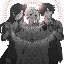 Rule 34 | 1boy, 1girl, 1other, armor, arval (fire emblem), blush, breasts, cape, choker, cleavage, closed eyes, closed mouth, dual persona, fire emblem, fire emblem: three houses, fire emblem warriors: three hopes, fkms szrr, hair bun, hair over one eye, highres, large breasts, long hair, looking at viewer, nintendo, purple eyes, red eyes, shez (female) (fire emblem), shez (fire emblem), shez (male) (fire emblem), short hair, simple background, smile, white hair