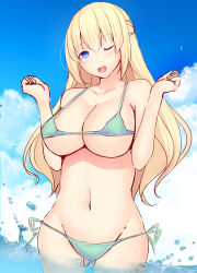 Rule 34 | 1girl, bikini, blonde hair, blue eyes, blush, braid, breasts, cowboy shot, daiaru, day, french braid, large breasts, long hair, looking at viewer, navel, neptune (series), one eye closed, open mouth, outdoors, side-tie bikini bottom, smile, solo, stomach, swimsuit, vert (neptunia), wading