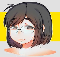 Rule 34 | 1girl, antenna hair, brown hair, closed mouth, completely nude, cropped torso, dated, glasses, highres, looking at viewer, medium hair, muroku (aimichiyo0526), no nose, nude, original, outline, portrait, round eyewear, signature, smile, solo, suggestive fluid, sweat, white outline, yellow background
