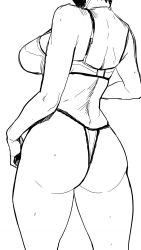 Rule 34 | 1girl, ass, ass focus, back, black beat, bra, breasts, highres, large breasts, monochrome, original, panties, sketch, solo, sweat, thighs, underwear, white background