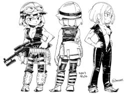 Rule 34 | 1girl, arm tattoo, artist name, breasts, cleavage, closed mouth, dated, full body, goggles, greyscale, gun, helmet, hounori, hunter (metal max), looking at viewer, medium breasts, metal max, metal max 3, monochrome, short hair, simple background, smile, solo, tattoo, weapon, white background