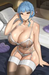 Rule 34 | 1girl, alternate breast size, alternate costume, armpit crease, bare shoulders, blue hair, braid, breasts, brown eyes, closed mouth, collarbone, commentary, commission, crown braid, english commentary, eyelashes, fire emblem, fire emblem: three houses, heart, highres, huge breasts, indoors, jewelry, lingerie, long hair, looking at viewer, marianne von edmund, navel, neck ring, nintendo, on bed, pillow, second-party source, shikube, sitting, smile, solo, underwear