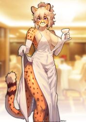 Rule 34 | 1girl, absurdres, blonde hair, blurry, breasts, cheetah ears, cheetah girl, cheetah tail, cleavage, cocktail glass, cup, depth of field, dress, drinking glass, elbow gloves, furry, furry female, gloves, highres, holding, holding cup, indoors, large breasts, looking at viewer, original, pgm300, purple eyes, short hair, side slit, solo, white dress, white gloves