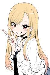 Rule 34 | 1girl, absurdres, black choker, black necktie, blonde hair, blush, choker, clenched teeth, commentary request, fingernails, highres, kitagawa marin, long hair, long sleeves, looking at viewer, nail polish, necktie, parted lips, red eyes, red nails, shirt, simple background, sketch, smile, solo, sono bisque doll wa koi wo suru, teeth, v, white background, white shirt, yamamoto souichirou