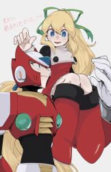 Rule 34 | 1boy, 1girl, android, armor, blonde hair, blue eyes, carrying, carrying over shoulder, carrying person, helmet, highres, in-franchise crossover, joints, ktmckpp, long hair, looking at another, mechanical arms, mega man (classic), mega man (series), mega man x (series), robot, robot girl, robot joints, roll (mega man), single mechanical arm, smile, very long hair, zero (mega man)
