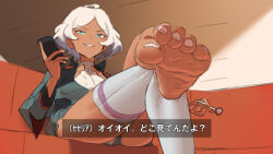 Rule 34 | 1girl, barefoot, blue eyes, candy, crossed legs, feet, food, gundam, gundam suisei no majo, kilesha, lollipop, looking at viewer, lowres, medium hair, parted lips, secelia dote, silver hair, single thighhigh, sitting, soles, thighhighs, toes, translated, white thighhighs