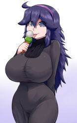 Rule 34 | 1girl, @ @, allbeatnik, black dress, breasts, closed mouth, covered navel, cowboy shot, creatures (company), dress, food, game freak, gradient background, hair between eyes, hairband, hex maniac (pokemon), highres, huge breasts, ice cream, ice cream cone, looking at viewer, messy hair, nintendo, pokemon, pokemon xy, purple background, purple eyes, purple hair, solo, standing, sweater, tongue, tongue out, turtleneck, turtleneck sweater, white background