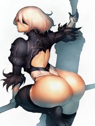 Rule 34 | 1girl, ass, backless outfit, black gloves, black thighhighs, blindfold, breasts, fumio (rsqkr), gloves, huge ass, leg lift, leotard, multicolored clothes, multicolored gloves, nier (series), nier:automata, short hair, simple background, skindentation, skirt, solo, sword, thighhighs, thighs, weapon, white background, white gloves, white hair, white leotard, wide hips, 2b (nier:automata)
