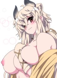 Rule 34 | 1girl, :t, ahoge, animal ears, bare shoulders, blonde hair, blush, breasts, brown eyes, closed mouth, clothing aside, collarbone, covering privates, covering one breast, cow ears, cow horns, embarrassed, extra ears, female focus, gloves, hair ornament, hair over one eye, highres, horns, kemono friends, large breasts, long hair, looking at viewer, mamiyama, midriff, nipples, no bra, off shoulder, open clothes, shirt, simple background, solo, standing, third-party edit, twintails, undressing, upper body, white background, yak (kemono friends), yellow shirt