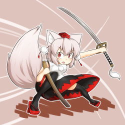 Rule 34 | 1girl, animal ears, bare shoulders, breasts, detached sleeves, elu butyo, geta, hat, inubashiri momiji, katana, looking at viewer, open mouth, pom pom (clothes), red eyes, reverse grip, sheath, short hair, silver hair, solo, sword, tail, tokin hat, touhou, unsheathed, weapon, weapon bag, wide sleeves, wolf ears, wolf tail