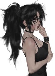 Rule 34 | 1girl, black-framed eyewear, black camisole, black choker, black eyes, black hair, bracelet, breasts, camisole, choker, cleavage, commentary, crying, english commentary, from side, glasses, highres, jewelry, lacryboy, large breasts, long hair, looking at viewer, miles (lacryboy), original, ponytail, profile, red lips, runny makeup, solo, streaming tears, tears, upper body