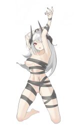Rule 34 | 1girl, absurdres, arknights, armpits, arms up, barefoot, black nails, black ribbon, breasts, cleft of venus, collarbone, full body, gluteal fold, grey hair, highres, horns, kneeling, long hair, looking at viewer, medium breasts, moyu (user fdkc7273), mudrock (arknights), nail, naked ribbon, navel, nipples, nude, one breast out, open mouth, pussy, red eyes, ribbon, solo, stomach, tongue, tongue out, uncensored