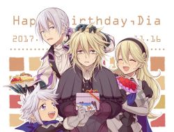 Rule 34 | 1girl, 3boys, armor, blonde hair, blush, butler, cape, closed eyes, corrin (female) (fire emblem), corrin (fire emblem), father and son, fire emblem, fire emblem fates, gloves, grey hair, hairband, hiyori (rindou66), jakob (fire emblem), kana (fire emblem), kana (male) (fire emblem), long hair, looking at viewer, low ponytail, mother and son, multiple boys, nintendo, open mouth, pointy ears, ponytail, purple eyes, short hair, simple background, smile, white hair