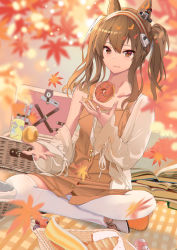 Rule 34 | 1girl, absurdres, alternate costume, angelina (arknights), animal ears, arknights, auguste, autumn, autumn leaves, book, book stack, boots, brown eyes, brown hair, casual, check commentary, closed mouth, collarbone, commentary, commentary request, doughnut, dress, food, fox ears, fruit, full body, headgear, highres, indian style, jacket, long sleeves, looking at viewer, mandarin orange, open book, open clothes, open jacket, orange dress, picnic basket, sidelocks, sitting, smile, solo, thigh boots, thighhighs, twintails, two-tone headwear, white footwear, white jacket