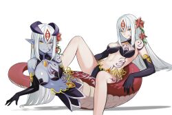 2girls absurdres alipheese_fateburn_xvi breasts djgh5738 dual_persona elbow_gloves eye_tattoo flower gloves hair_flower hair_ornament hair_tattoo highres humanization lamia large_breasts long_hair lying mon-musu_quest! monster_girl multiple_girls navel on_side simple_background spread_legs tattoo white_background white_hair yellow_eyes