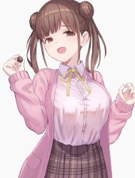 Rule 34 | 1girl, blush, breasts, brown eyes, brown hair, brown skirt, cardigan, chocolate, cowboy shot, double bun, food, hair bun, highres, holding, holding food, idolmaster, idolmaster shiny colors, large breasts, long hair, long sleeves, looking at viewer, neck ribbon, open cardigan, open clothes, pink cardigan, plaid, plaid skirt, pleated skirt, pony (shihyo-6591), ribbon, school uniform, simple background, skirt, sleeves past wrists, solo, sonoda chiyoko, twintails, white background, yellow ribbon