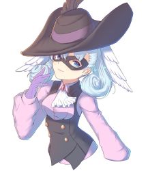 Rule 34 | 1girl, black headwear, blue eyes, cat with a brush, closed mouth, commentary request, corset, cosplay, cropped torso, curly hair, gloves, highres, long sleeves, looking at viewer, mask, melia antiqua, okumura haru, okumura haru (cosplay), persona, persona 5, purple gloves, shirt, silver hair, smile, solo, upper body, vest, white neckwear, xenoblade chronicles 1, xenoblade chronicles (series)