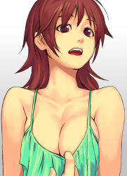 Rule 34 | 1girl, breasts, brown eyes, brown hair, camisole, cleavage, clothes pull, medium breasts, open mouth, original, shirt pull, simple background, solo, upper body, yuuji (and)