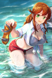 Rule 34 | 1girl, arm support, asava (hutaitenn), bikini, bikini under clothes, blue bikini, braid, breasts, brown hair, cleavage, collared shirt, green eyes, highres, holding, holding shoes, kantai collection, kneeling, large breasts, long hair, navel, noshiro (kancolle), ocean, official alternate costume, open mouth, orange scrunchie, partially submerged, red shorts, sandals, unworn sandals, scrunchie, shirt, shoes, shorts, solo, swimsuit, tied shirt, twin braids, water, wet, white shirt, wrist scrunchie