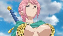 Rule 34 | 1boy, 1girl, animated, anime screenshot, armor, bikini armor, breasts, cape, diamante, dressrosa, evil grin, evil smile, grin, large breasts, looking at another, looking away, looking up, one piece, pink hair, rebecca (one piece), screencap, sky, smile, sword, video, weapon, wind