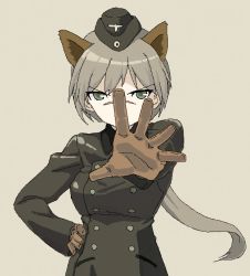 Rule 34 | 1girl, animal ears, bad id, bad pixiv id, brown background, brown gloves, buttons, coat, double-breasted, garrison cap, gloves, green eyes, hand on own hip, hanna rudel, hat, light brown hair, long hair, long sleeves, military, military uniform, outstretched arm, ponytail, scar, scar on face, scar on nose, shiratama (hockey), simple background, solo, strike witches, uniform, wolf ears, world witches series